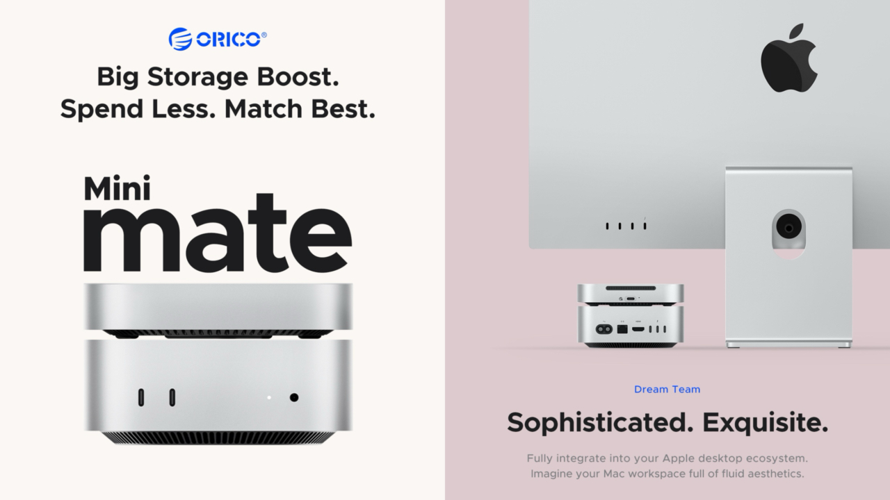 Orico开始销售“Mini Mate”，这是一款Thunderbolt/USB4存储设备，与配备Apple M4芯片的Mac mini（2024）的设计相匹配，并且可以堆叠在其顶部。