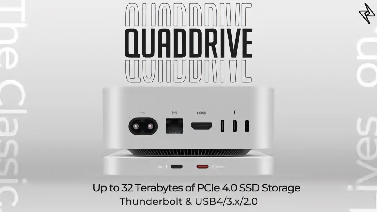 USB4 存储盒“QuadDrive”已在 Kickstarter 上启动发布活动，该存储盒最多可配备 4 个 NVMe SSD，可与 Mac mini（2024 年）堆叠使用。