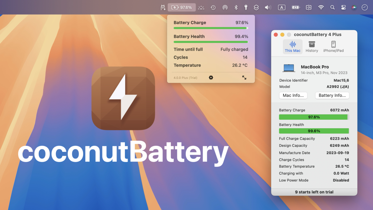 Mac应用程序“coconutBattery v4.0”已发布，可显示和记录MacBook、iPhone和iPad的电池信息。