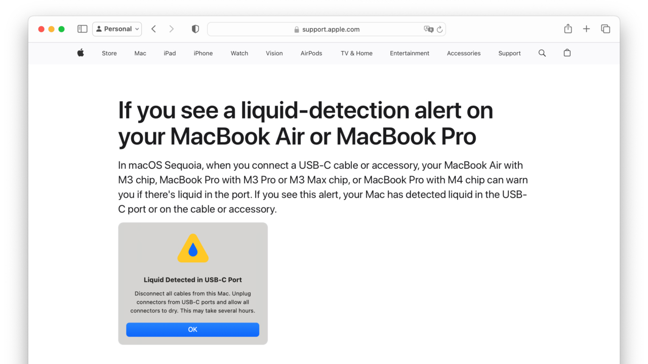 在 macOS 15 Sequoia 中，当潮湿的 USB-C 电缆或配件连接到配备 Apple M3 芯片或更高版本的 MacBook Air/Pro 上的 USB-C 端口时，现在会出现液体检测警告。