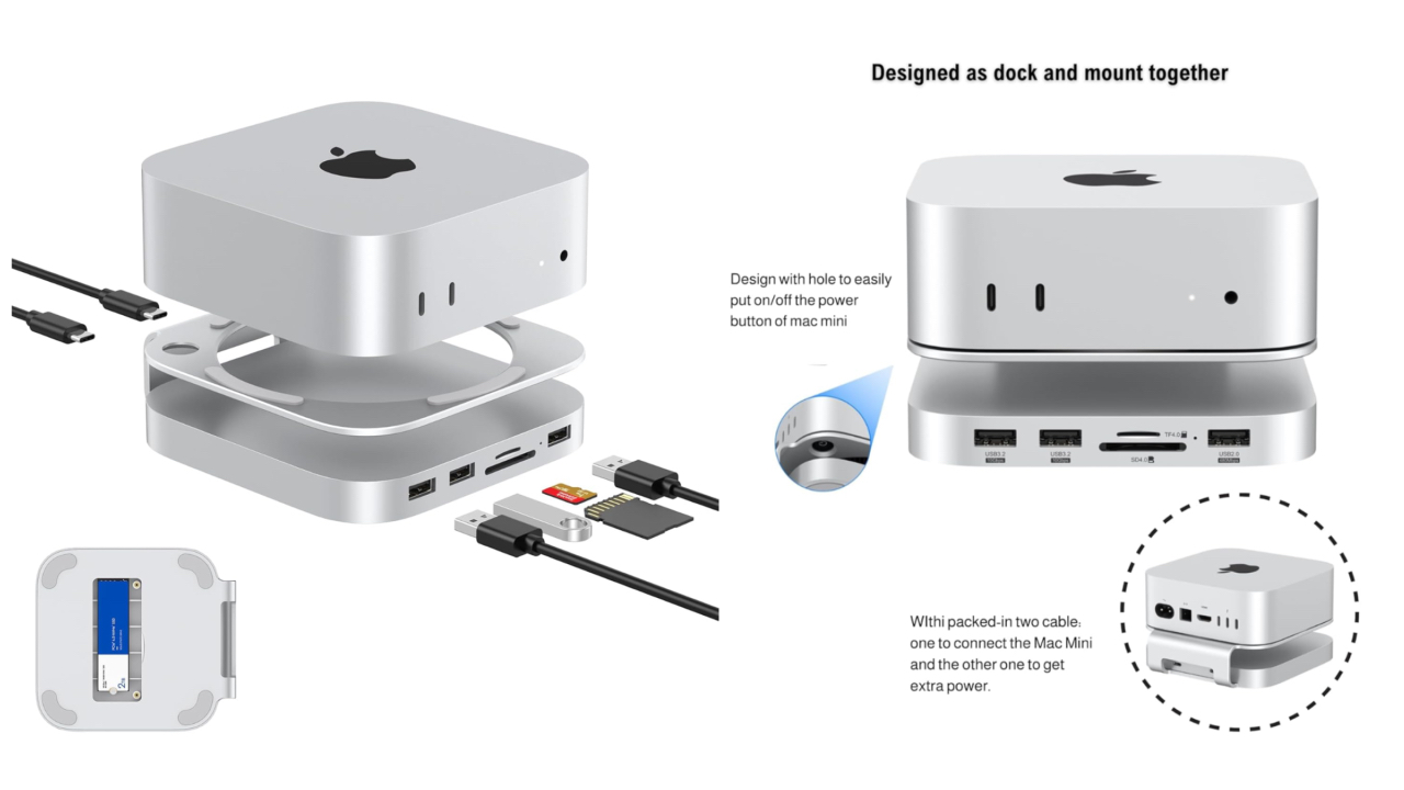 Gewokliy Mac Mini M4 Dock &amp; Stand 是一款扩展坞，可让您更轻松地使用 Mac mini 底部的电源按钮，且不会阻碍气流，现在可通过在 Mac mini (2024) 和 USB 扩展坞之间打开空间来使用。