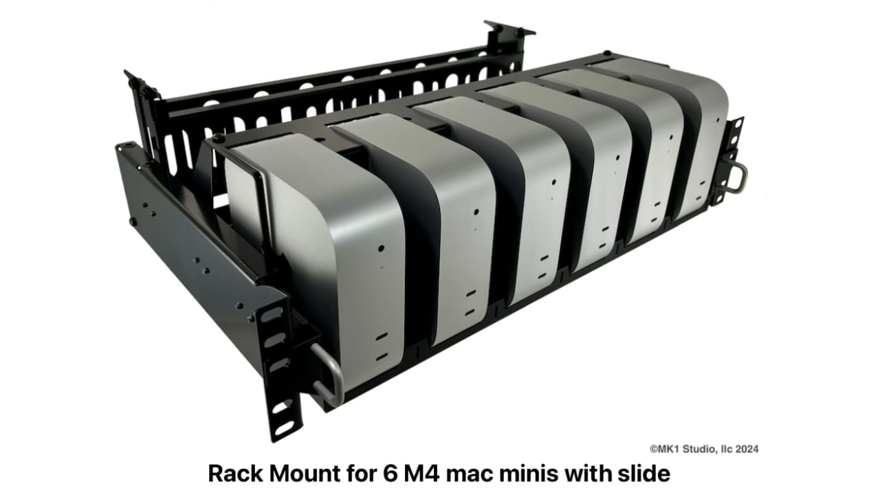 MK1 Manufacturing 发布“Rack Mount for 6 M4 Mac minis”，这是一款 19 英寸 3U 尺寸的机架安装件，可存放 6 台 Mac mini（2024 年），还可以操作电源按钮。