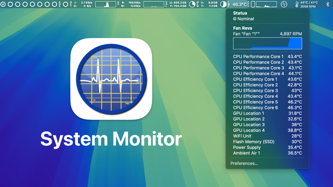 System Monitor是一款系统监控应用程序，可以在菜单栏上显示Mac的CPU、GPU、内存、SSD使用率以及温度/风扇传感器信息，现在与Apple M4 Mac兼容。