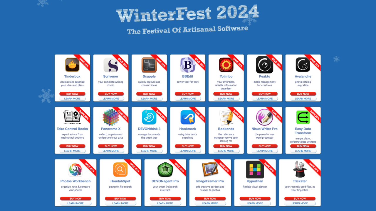 “WinterFest 2024”将举行，为 Mac 编写应用程序（如 BBEdit、DEVONthink 和 Scrivener）可享受 25% 的折扣。