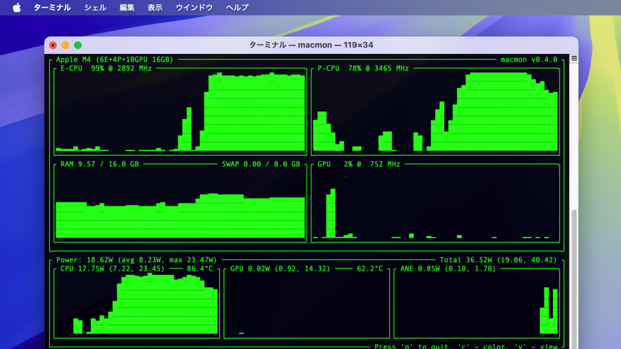 Macmon是一款基于终端的系统监控工具，可显示Apple Silicon的CPU、GPU、ANE、内存使用情况和功耗，与Apple M4芯片兼容。