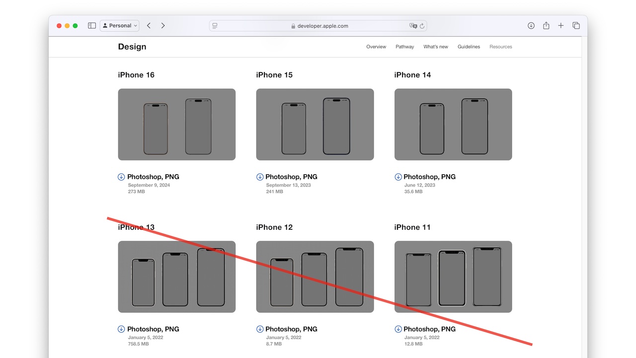 Apple 已从 Apple 设计资源中删除了旧款 Apple 设备的设计模板，例如带 Touch Bar 的 MacBook Pro、iPhone 13 之前的 iPhone 以及 Series 9 之前的 Apple Watch。