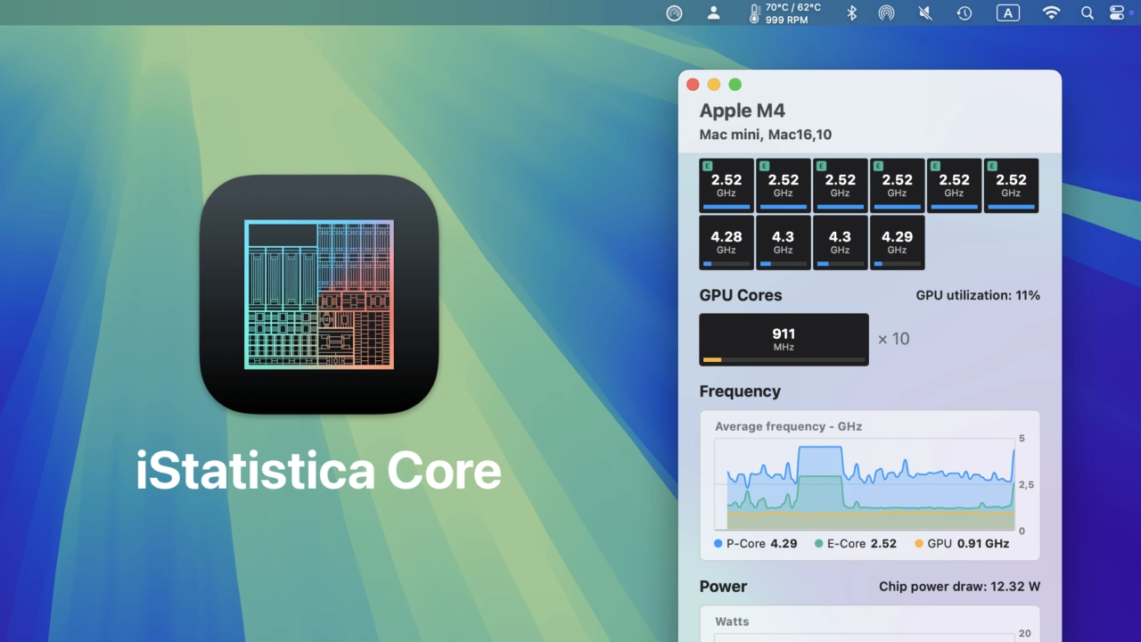 Istatistica核心系统监视器应用程序允许Apple Silicon的CPU/GPU核心使用情况，功耗和温度实时显示和存储数据，例如Intel Power Gadget。